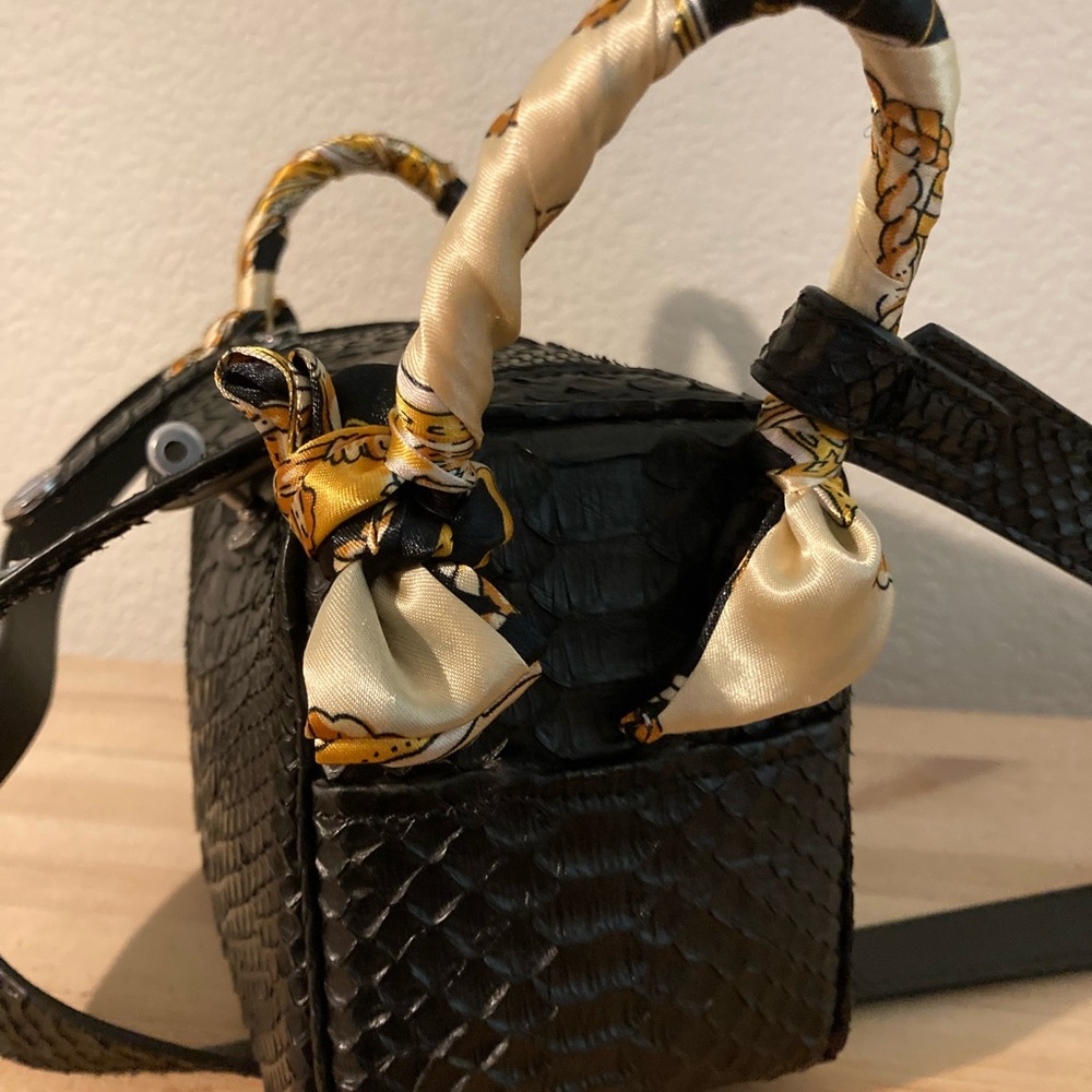 Black Python Textured Handbag With Scarf Accents … - image 5